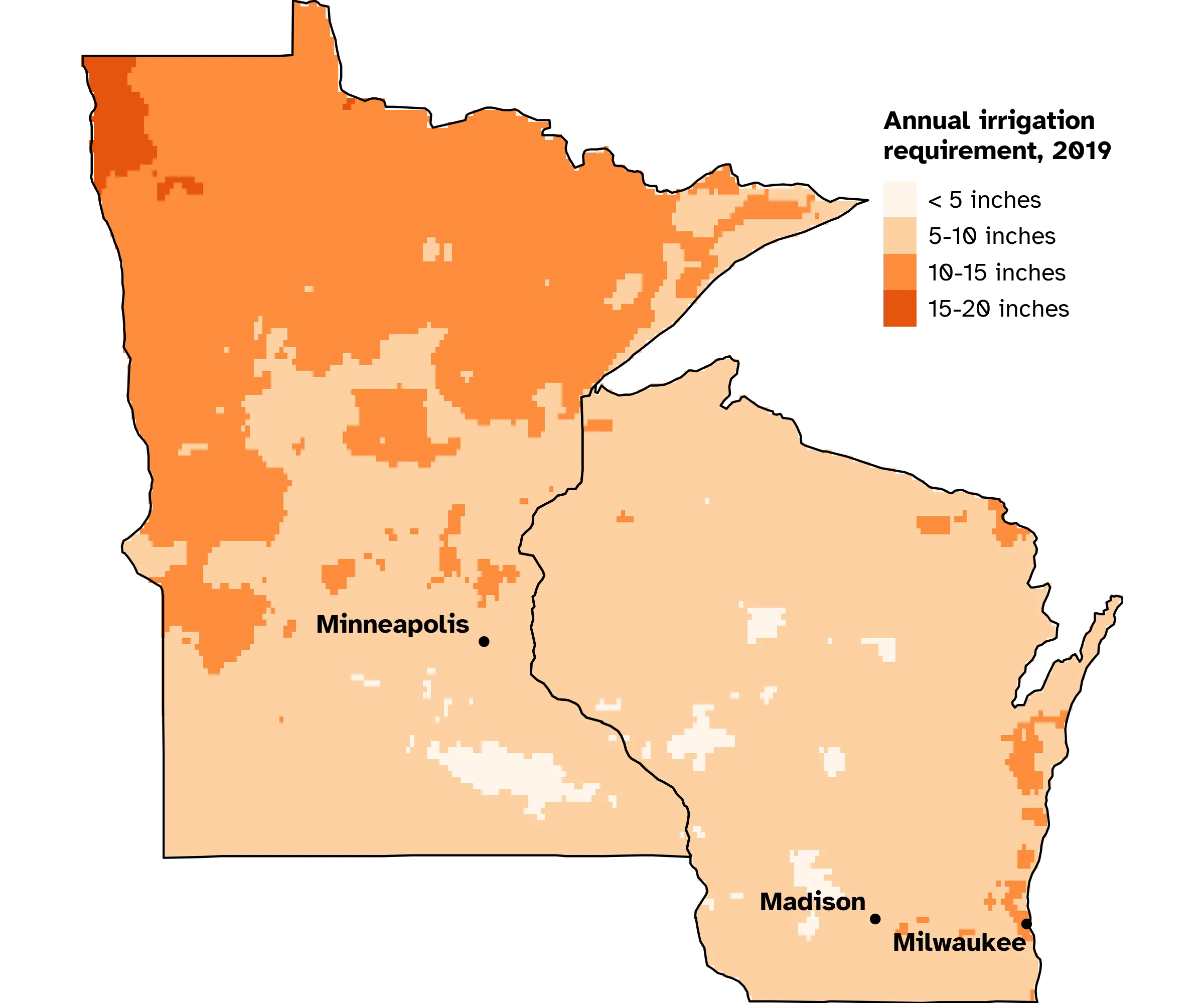 Net irrigation requirements for 2019 wet year showing 5-10 inches needed in Madison area