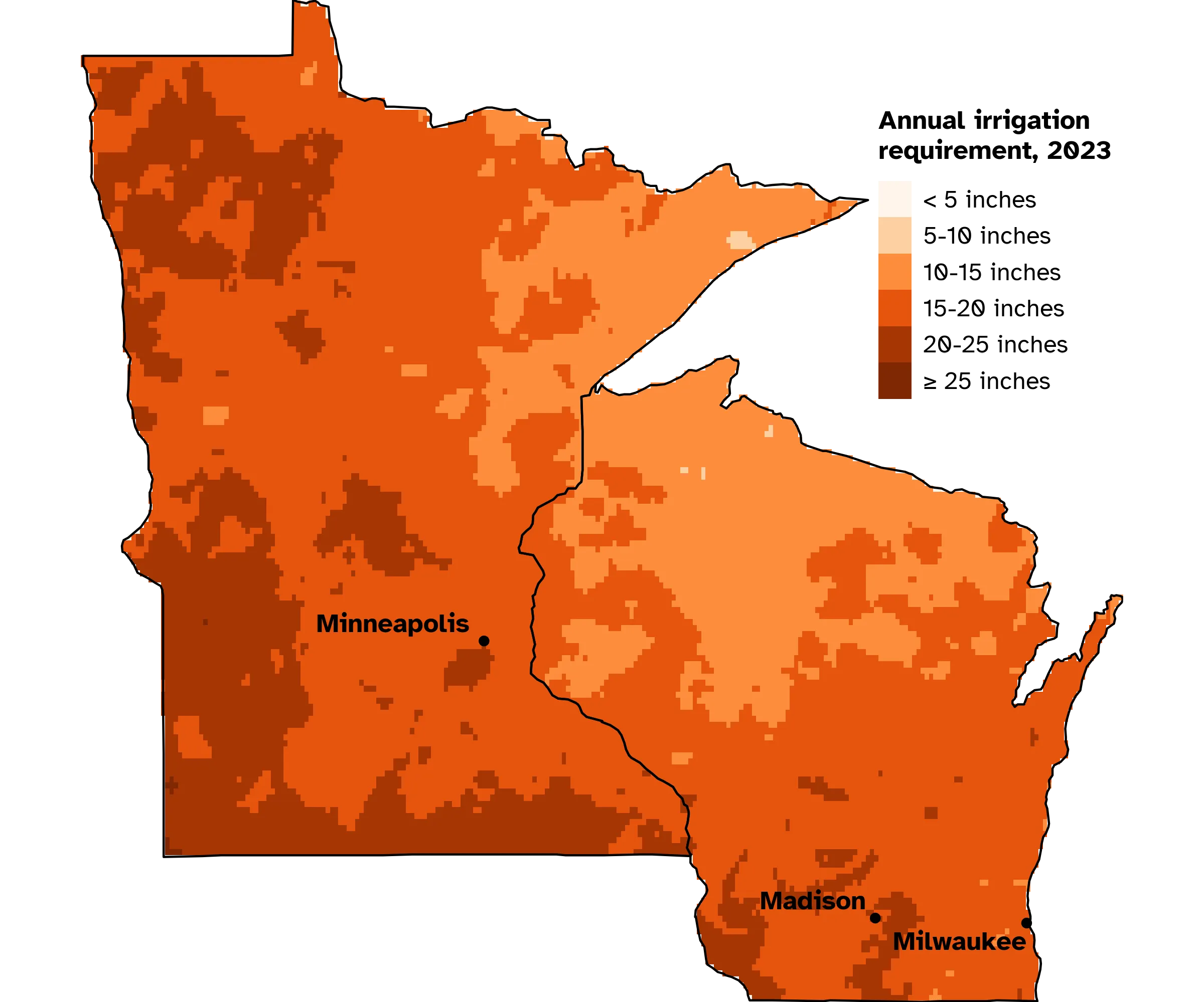 Net irrigation requirements for 2023 drought year showing 15-20 inches needed in MadisonS area
