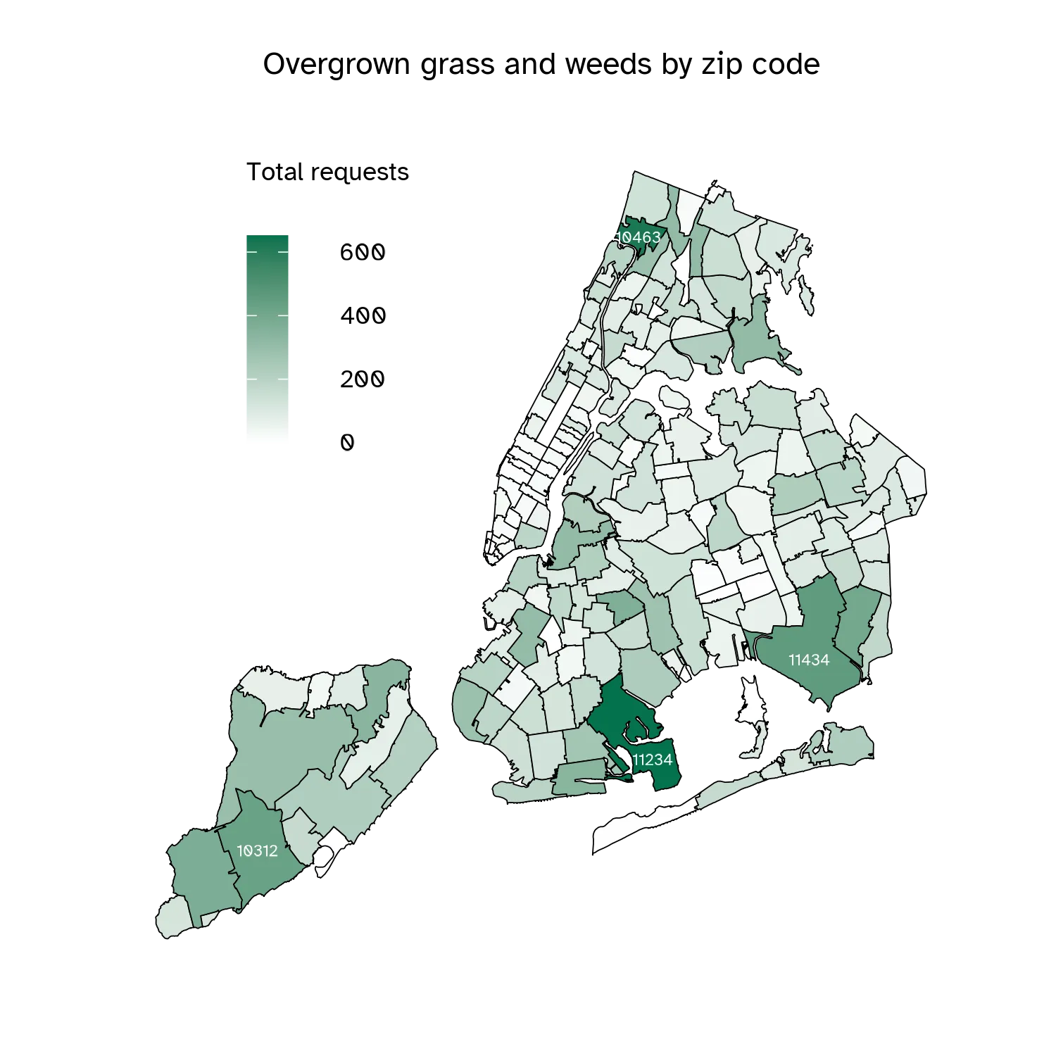 Choropleth map of annual requests by zip code